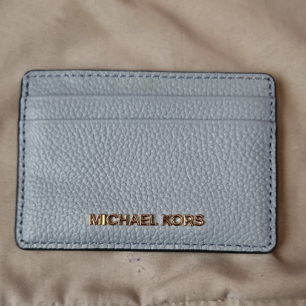 Michael Kors Light Blue Pebbled Leather Card Holder with Gold Logo